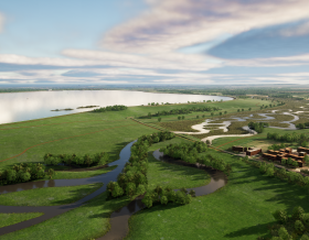 Artist illustration of river and green fields